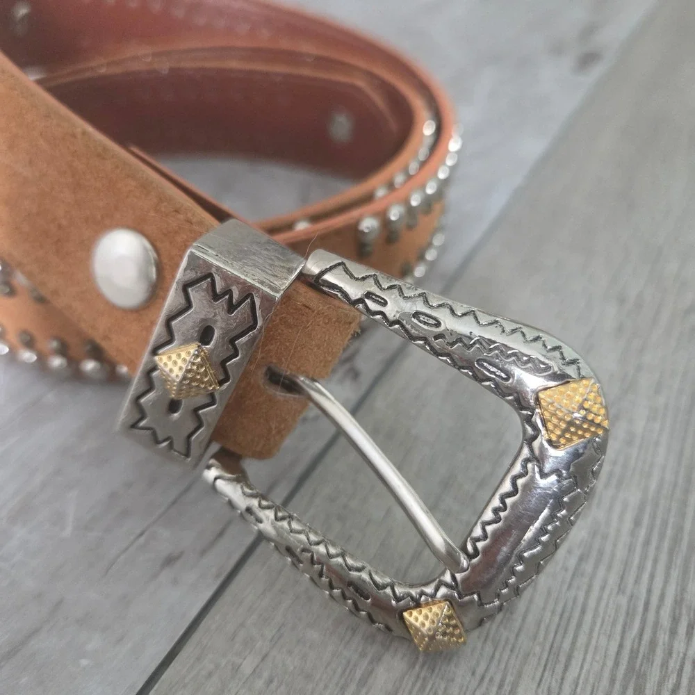 Jana Leather Belt Western Studded Vtg Tan Women Large Brown Silver Gold Concho